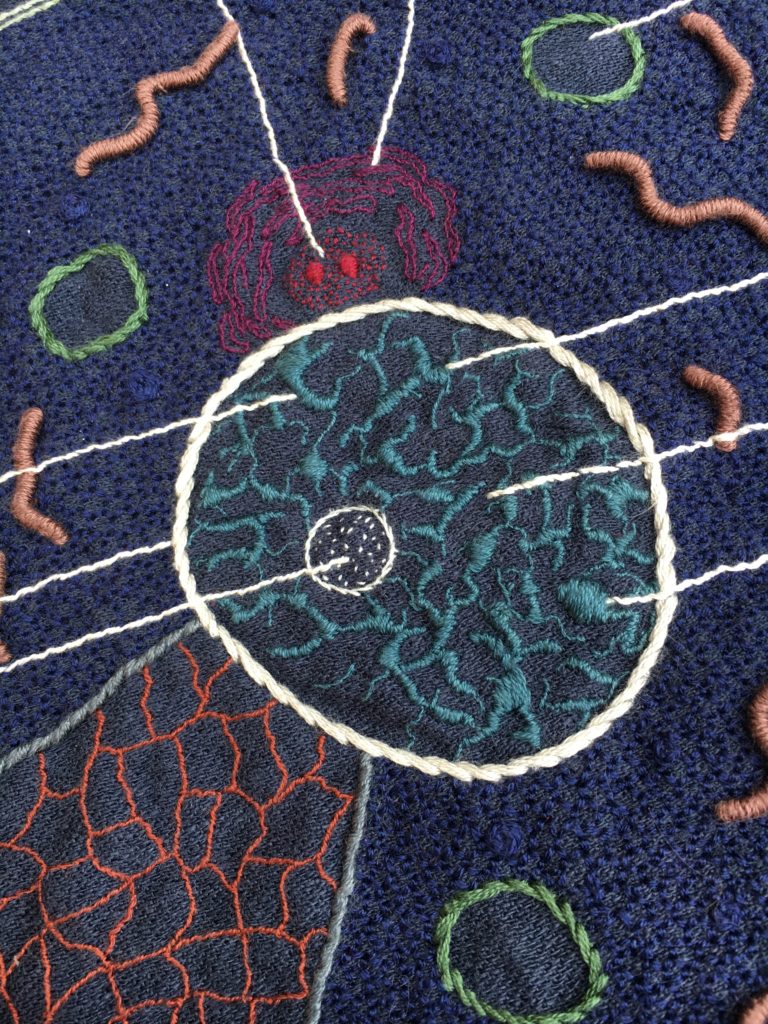 A detail shot of an embroidery of a cell on blue linen. There are reds, purples, whites, and greens in various stitches.