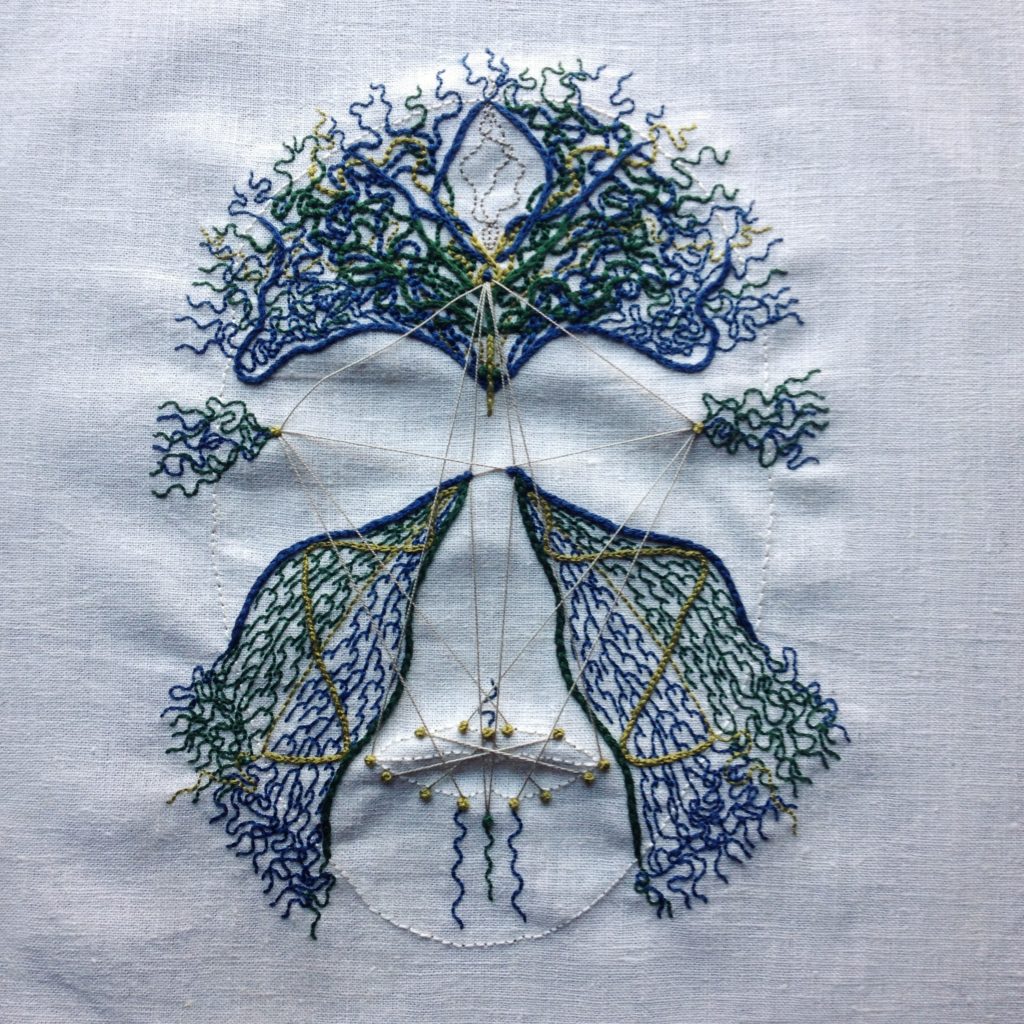 An embroidery of the outline of a face in bone coloured thread on bone coloured linen. The forehead, cheeks, jaws, and temples are covered in filigree lines in dark blues, greens, and yellows. There are French knots spaced out along the lips. Lines of beige strands of thread are strung from the knots across the face in a geometric formation. 
