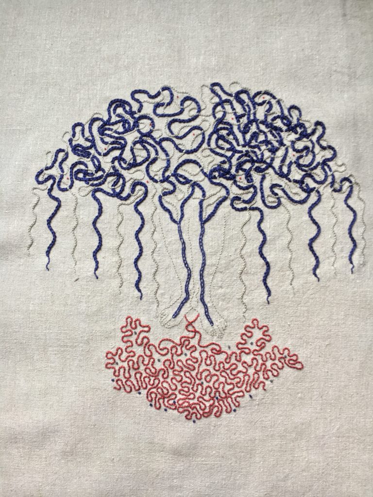 An embroidery on a pale natural linen, there is the pale outline of a woman’s lower legs and feet, heels together, toes apart. From the soles of the feet, thick red/orange lines coil beneath. From the big toes moving upwards, thick blue and off-white lines rise up through the inner calves and branch off at the knees. These lines coil and intertwine in a brain-like shape, and then move back down in wavy lines like a wide skirt around the ankles.