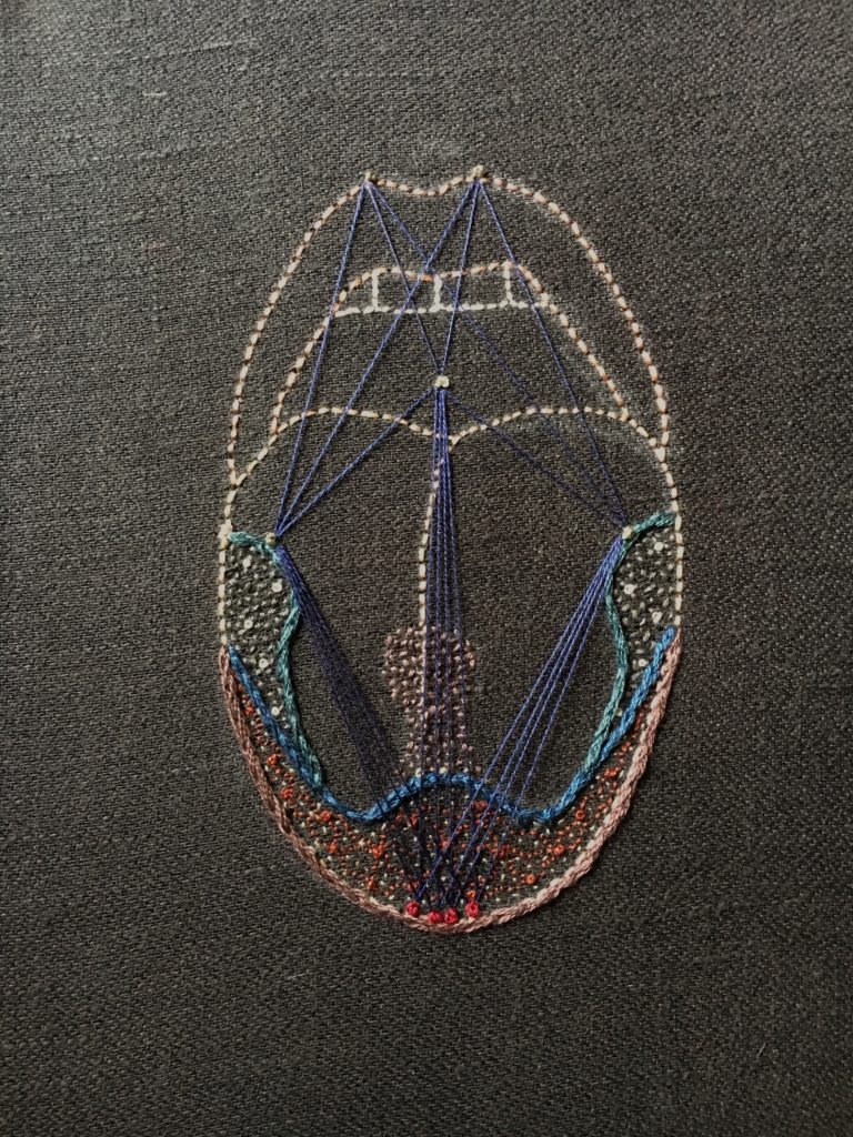 An embroidery on black linen. There is the outline of an open mouth with the tongue sticking out. The lips are outlined in a dark pink, the tongue in a paler pink, and the teeth in bone white. There are sections outlined on the tongue in thick blue lines. The tip and sides of the tongue are covered in tiny red, orange and white dots. In the center of the tongue there is an hourglass shape made of tiny pink dots. There are taut lines of thin dark blue thread stretched from the tip of the tongue to the sides, from the sides of the tongue to the lips and palate, and from the palate to the tip of the tongue.