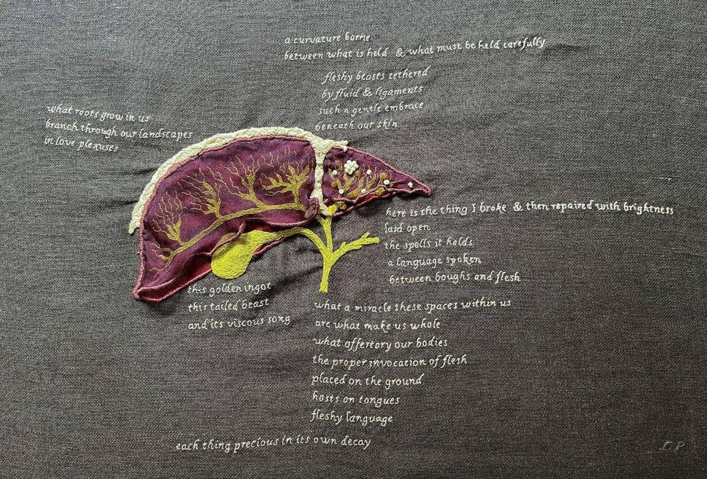 A red & purple organza liver embroidery on grey linen. The biliary system between the 2 layers is bilious green with yellow beads inside the small lobe. White beads sit on the narrow end of the top organza. An arched T shape with tight white crisscross stitches separates the lobes and curves over the top. Text stitched in light grey single strands read: What roots grow in us. Branch through our landscapes. In love plexuses. a curvature borne. between what is held & what must be held carefully. fleshy beasts tethered. By fluid and ligaments. Such a gentle embrace. Beneath our skin. Here is the thing I broke & then repaired with brightness. Laid open. The spells it holds. A language spoken. Between boughs & flesh. this golden ingot. This tailed beast. And its viscous song. What a miracle these spaces within us. Are what make us whole. What offertory our bodies. The proper invocation of flesh. Placed on the ground. Hosts on tongues. Fleshy language. Each thing precious in its own decay. 