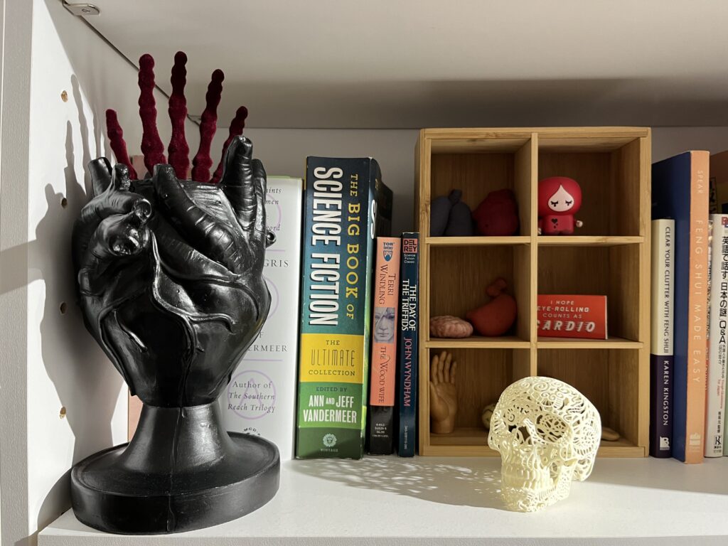 One of Lia's studio shelves. A black plaster anatomical heart vase sits on the left, with a burgundy velvet skeletal hand sticking out of it. There's also a delicate filigree skull on the shelf in front of a tiny curio box with various small items in it. Some science fiction books are also visible. 