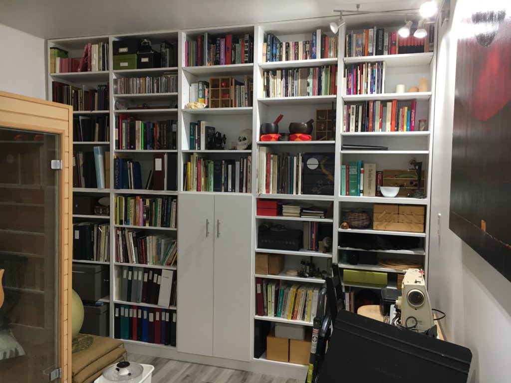 A wall of white melamine shelves full of books and a few objects. The bottom middle shelves have doors on them.
