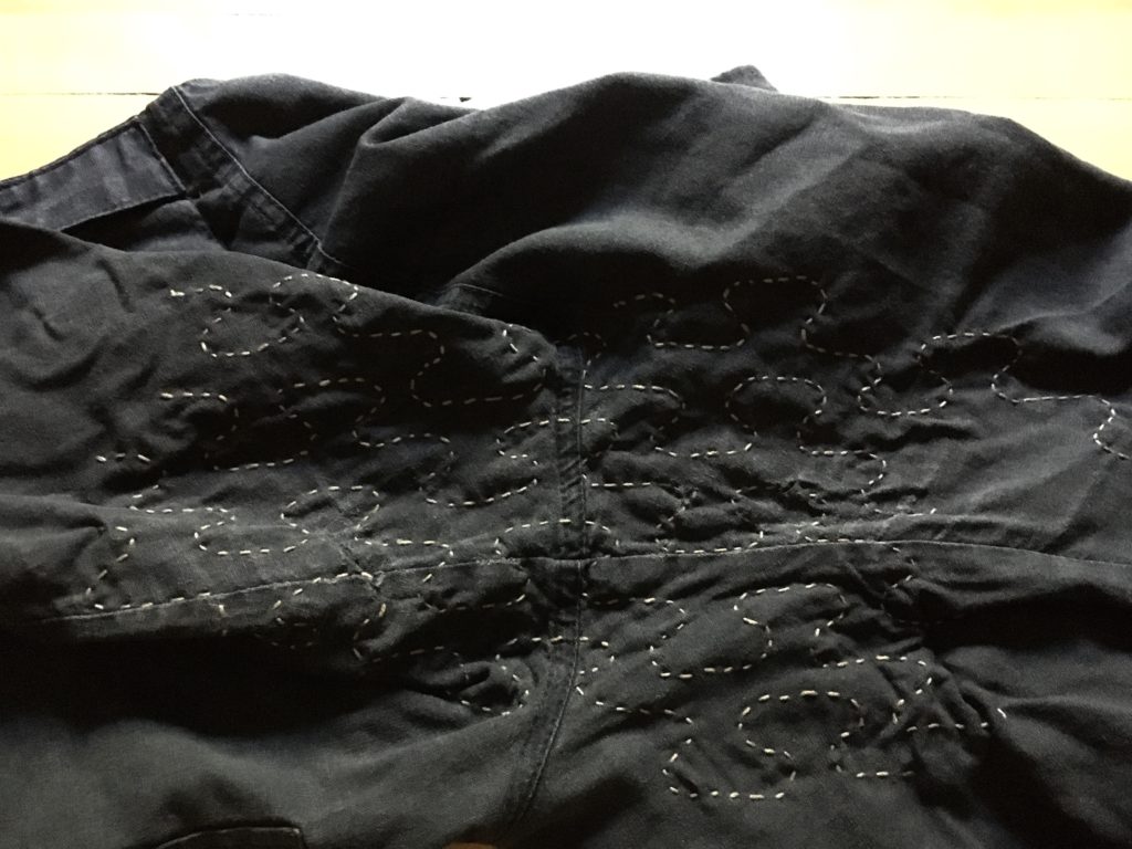 A close up of the crotch of the previous pair of pants showing the sashiko stitching.