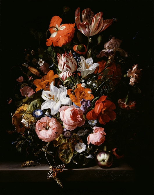 Painting: Flowers in a glass vase by Rachel Ruysch: 
An oil painting of a huge bouquet of flowers in a glass vase with a round base. The colours are primarily oranges and pinks, bright against the black background. The bouquet contains a wild-looking mix of lilies, tulips, peonies, chrysanthemums, and irises, all in various states from budding to at the end of their blooms. Hanging off a bent stem of wheat at the very bottom of the painting is a large orange and white moth with spotted wings which makes the viewer notice other insects placed among the flowers. 