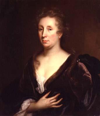 Portrait of Rachel Ruysch by Godfried Schlacken:
A portrait of a middle-aged woman with a serious demeanour. She wears a deep brown velvet dress with a plunging neckline. Her white chemise can be seen along her chest and at the opening of her sleeve. Her right hand with long slender fingers cups the bottom of her left breast. She has a long aquiline nose and thin lips in an oval handsome face. Her curly brown hair is up in a chignon with a strand hanging over her right shoulder. The background is a slightly lighter shade of brown than her dress. She looks at at the viewer with soulful deep brown eyes. 