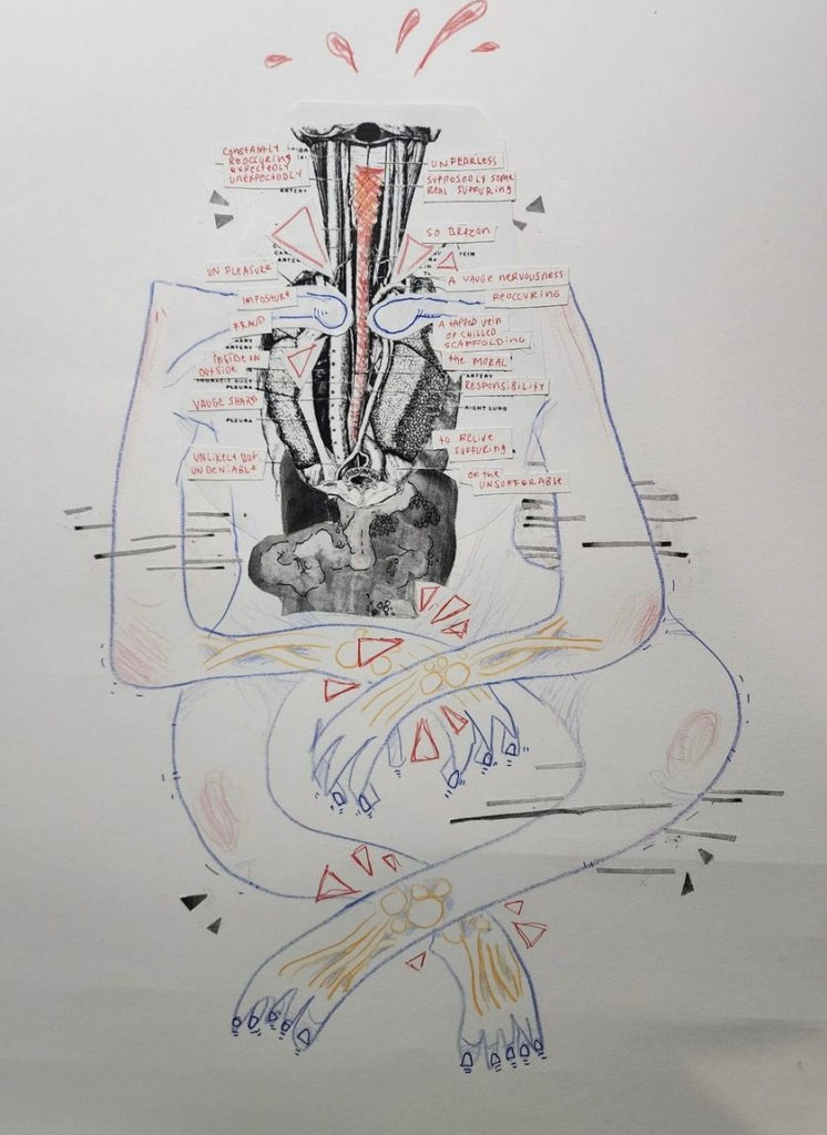 crayon drawing  of a body with photocopied esophagus, awkward poem and a bunch of triangles
