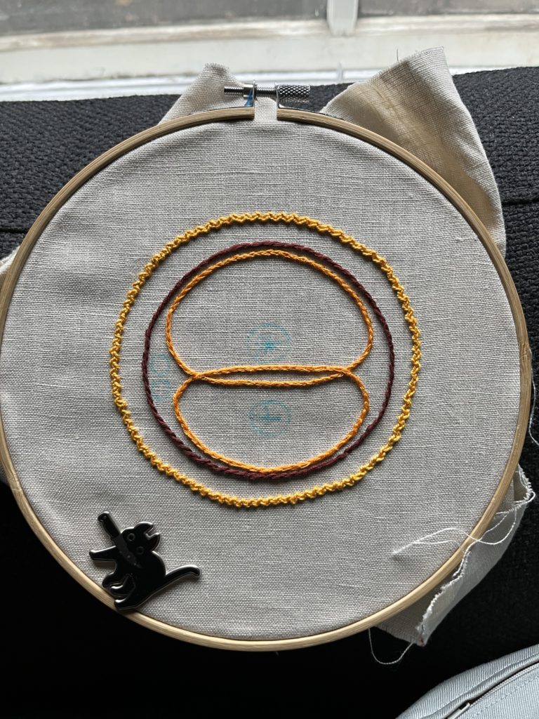 A drawing of two cells dividing is sketched on off white linen in blue marker in an embroidery hoop. There is a circle of brown stem stitch around the cell membrane and the corona radita has been stitched in bright orangey yellow zig zag chain stitch. The edges of the dividing cells have been stitched in bright orange split stitch. A knifecat needle minder holds the needle. 