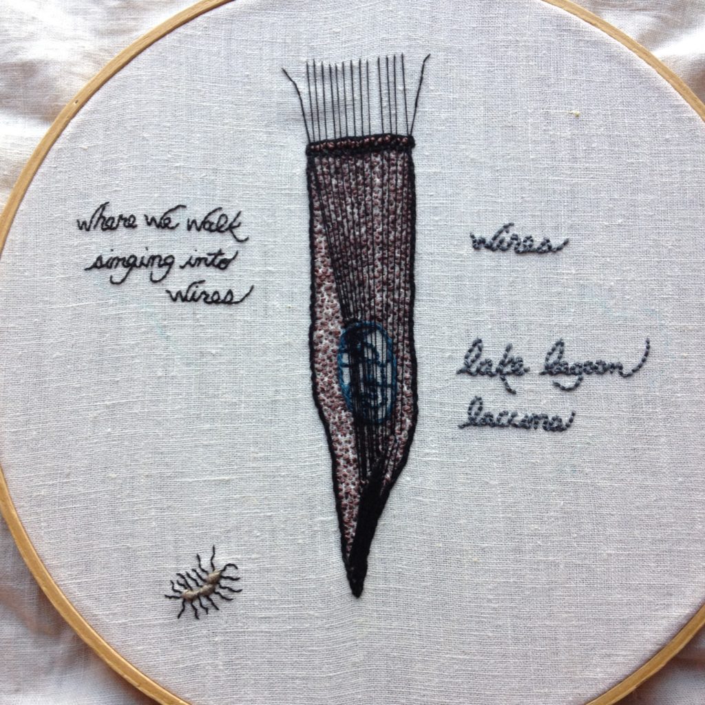 A ciliated endothelial cell is embroidered in the centre of bone white linen. Cursive text on the left reads: where we walk singing into wires. On the right the text reads: wires. lake. lagoon. lacuna. On the bottom left is a small bug-like creature. 